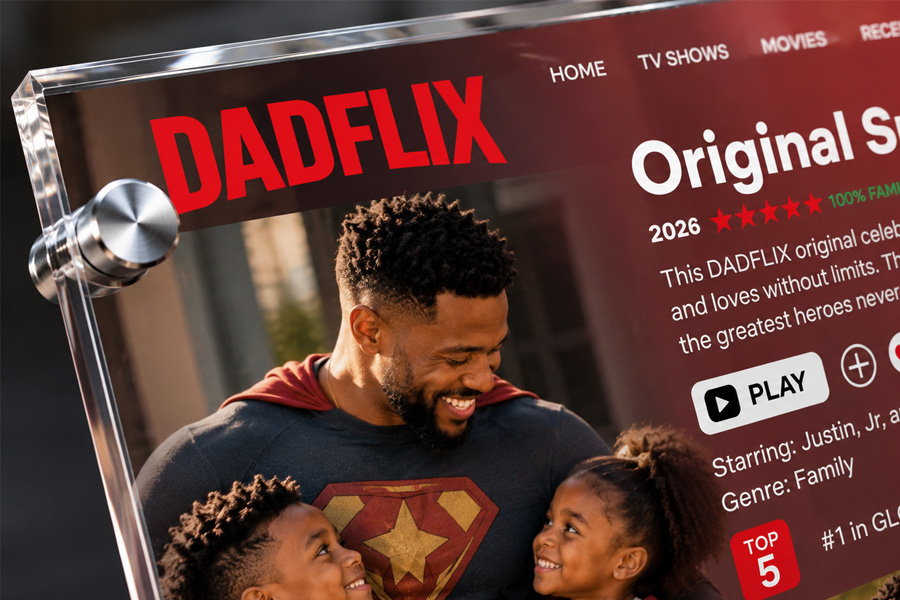 DadFlix acrylic plaque tabletop close-up detail